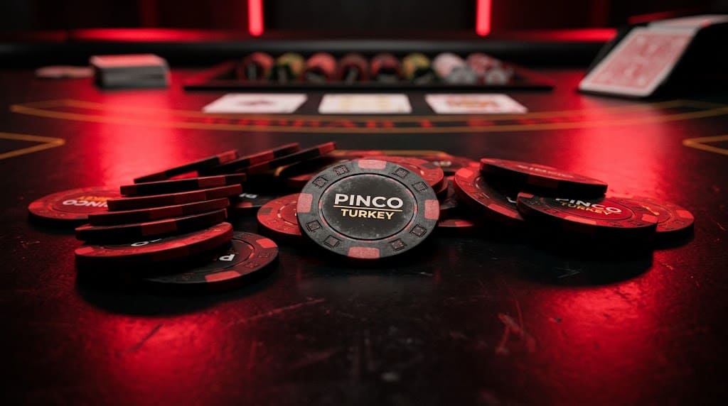 Kırmızı ışıkta dağılmış siyah-kırmızı PINCO TURKEY fişleri, arkada poker kartları