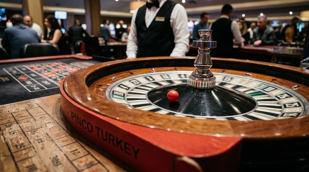Ahşap rulet, kırmızı top cebe yakın, PINCO TURKEY yazısı ve krupiye