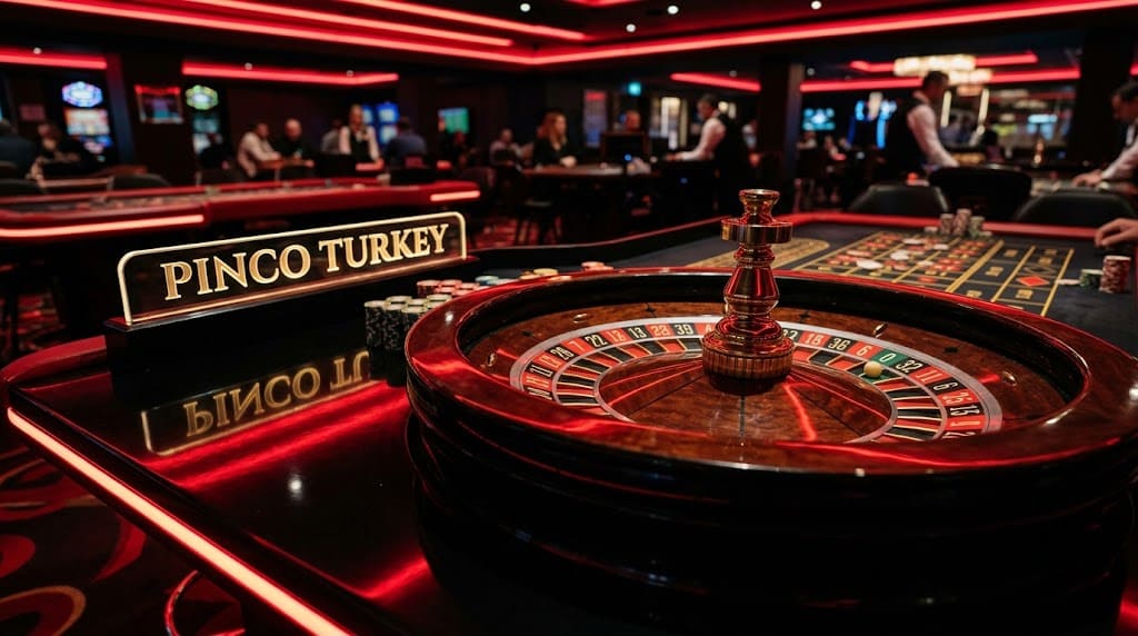 Kırmızı ışıklı salonda rulet çarkı ve PINCO TURKEY ışıklı tabela
