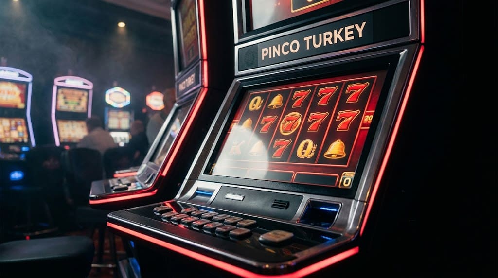 PINCO TURKEY yazılı kırmızı çerçeveli slot, ekranda yediler ve çanlar